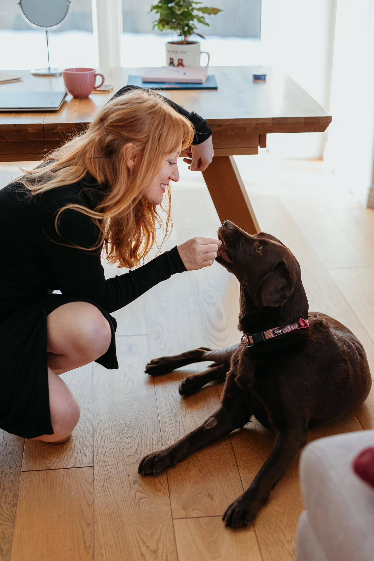 kobieta z pieskiem podczas sesji wizerunkowej w domu
